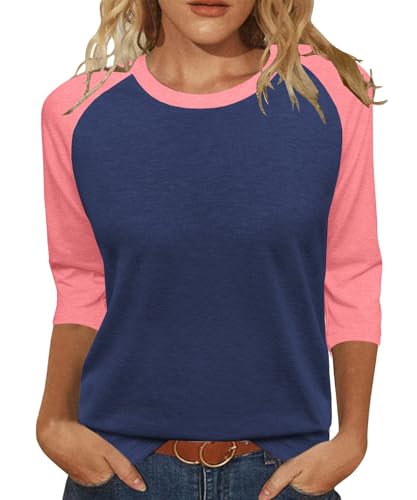 Heymiss Summer Tops for Women 3/4 Length Sleeve Tshirts Crew Neck Blouses Business Casual Navy Pink