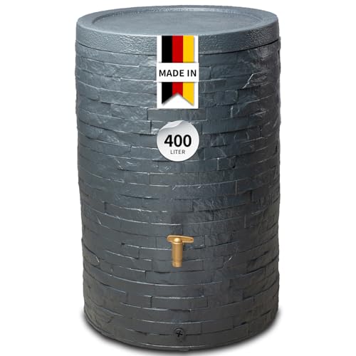 4rain ARONDO Regentonne 400 Liter Graphitgrau – Regenfass mit Deckel + Weithalsöffnung – Frostsicherer Regenwassertank/Regenwassertonne – Schmale Wassertonne für Garten – Wasserfass Kunststoff