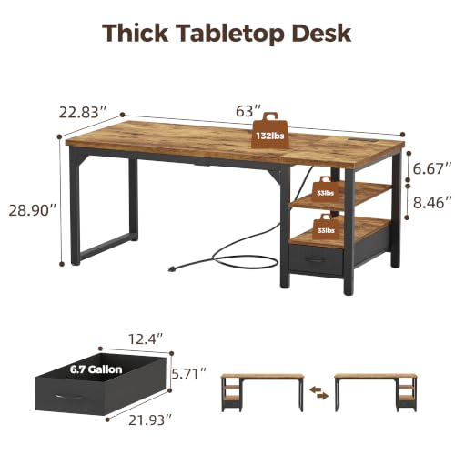 Image of Mericonia 63 inch Computer Desk with Drawer, 1.2 inch Thick Reversible Office Desk | Modern Writing Table with Power Outlets & Storage Shelves, Heavy Duty Industrial Executive Desk for Home Bedroom Study Work