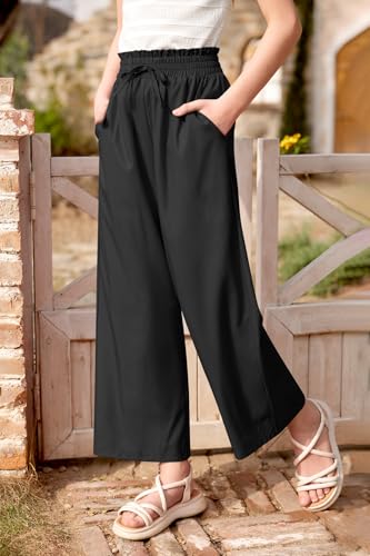 Image of Girls Summer Cute Print Wide Leg Dress Pants Lightweight Palazzo Pants Flowy Lounge Trousers with Pocket 5-14 Years