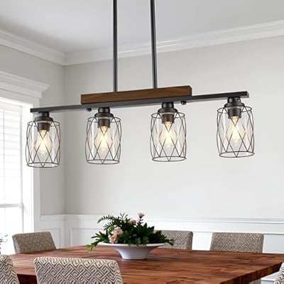 4-Light Dining Room Light Fixture/Chandelier Over Table, Island Lighting Hanging for Farmhouse Linear Chandeliers Matte Black Rustic Wood Ceiling Pendant Light Fixtures, with Clear Glass Shade