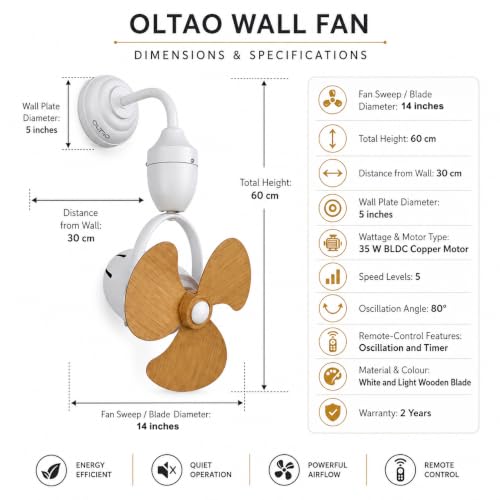 Image of OLTAO Nova 14-Inch Designer Wall Premium Deluxe Fan with Wooden Blades - Silent Operation & Oscillation (Matt white style 2)