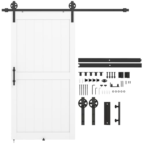 HOMCOM Porta Scorrevole in Stile Country con Binario e Maniglia, Porta da Interno in MDF e Acciaio con Accessori di Montaggio, 106.6x213.4 cm, Bianco e Nero
