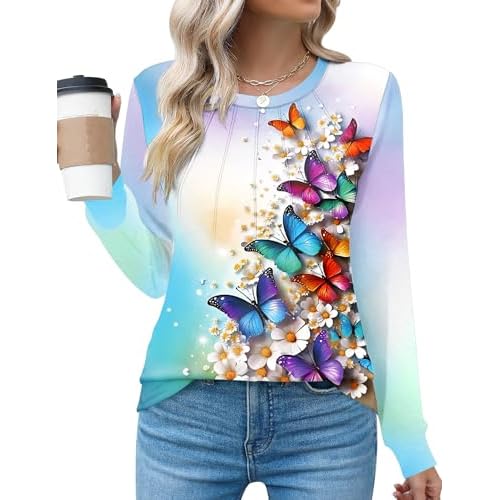 Kistore Women's Long Sleeve Tops Crew Neck Pleated Dressy Casual Blouses T Shirts Fall Clothes 2026 B5 Colored Butterflies Large