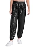 RUNQHUI Kinder Mädchen Jungen Pailletten Tanzhose Glitzer Hip Hop Jazz Leggings Pumphose Fasching Karneval Party Tanzkleidung Schwarz 146-152