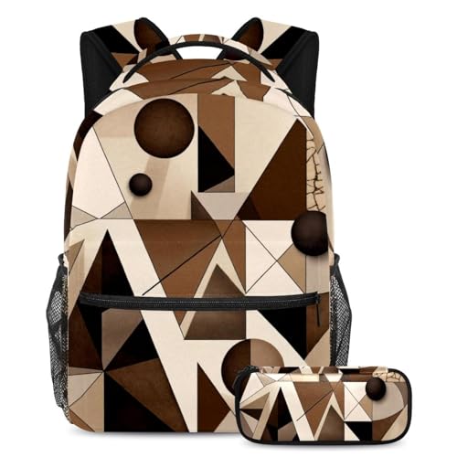 Sac à dos imprimé géométrique marron multicolore et trousse assortie