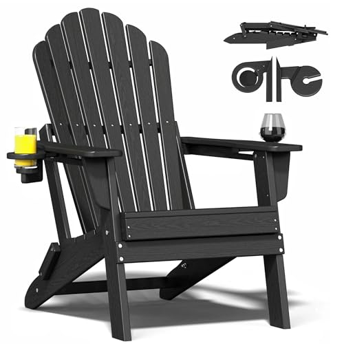EcoVida Outdoors HDPE Folding Adirondack Chair with Dual Cup Holders, Black