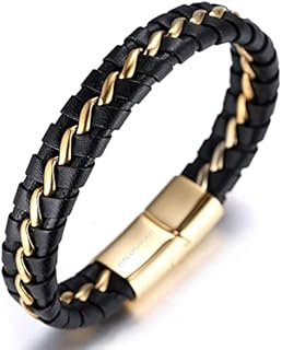HALUKAKAH Kids  Solo Junior  Boy's Genuine Leather Bracelet Black 6-12+3 Y/O. Titanium Golden/Silver Chain Magnetic Clasp 2 Sizes 7"+0.7"(18+1.5cm) with Free Giftbox