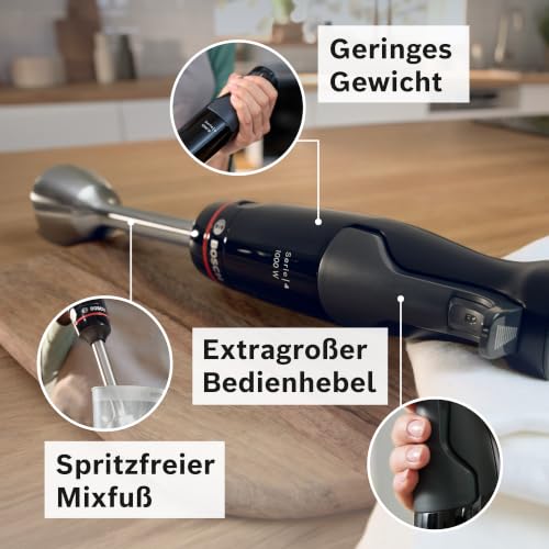 Foto von Bosch Stabmixer ErgoMaster Serie 4, mit Mixbecher, Edelstahl-Klingen, langlebig, verschleißfreie Keramik-Kupplung, Einschaltsperre, 1000 W, schwarz, MSM4B610
