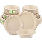 Havawish 150 Pcs Compostable Paper Plates and Bowls Set, 7 Inch 9 Inch 12oz
