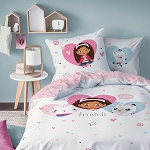 Gabby ET LA Maison Magique Hearts beddengoed voor kinderen, 1 persoon, 100% katoen, Oeko-Tex, omkeerbare meisjesprint, wit