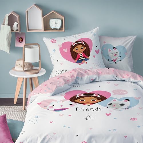 OMYDREAM Gabby ET LA Maison Magique Hearts Parure de lit Enfant 1 Personne | 100% Coton | Oeko-TEX | Housse de Couette 140x200 cm + 1 Taie d'oreiller 63x63 cm | Imprimé Réversible Fille | Blanc