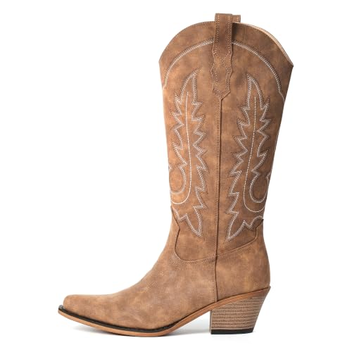 Image of Women's Pointed Toe Mid Calf Cowboy Boots - Cowgirl Boots with Chunky Heel