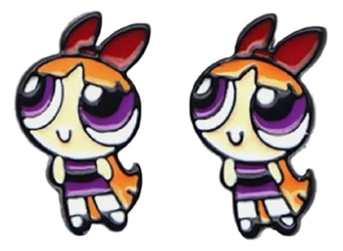Powerpuff Cartoon Bubbles, Blossom, Buttercup Characters Metal Enamel Stud Earrings