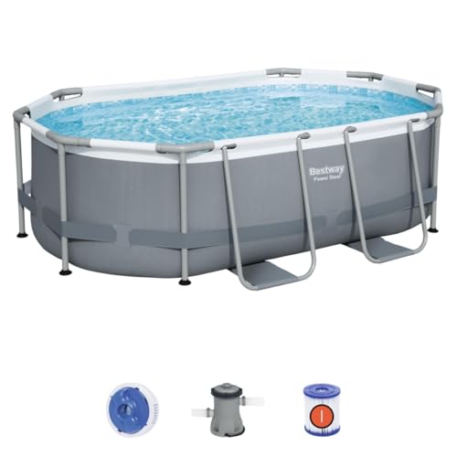 Bestway Power Steel Above Ground Pool, Swimming Pool Set With Filter Pump and ChemConnect Dispenser, Grey, 10 ft
