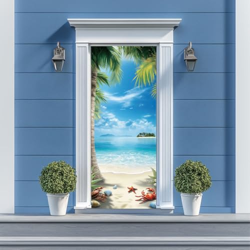 arricraft 2 Stück Selbstklebender Türaufkleber 80cm X 200cm /31.5\X78.7\ Sommer Strand Tür Wandbilder Aufkleber Cocos PVC Tür Abnehmbare Tapete Dekoration Für Schlafzimmer Wohnzimmer