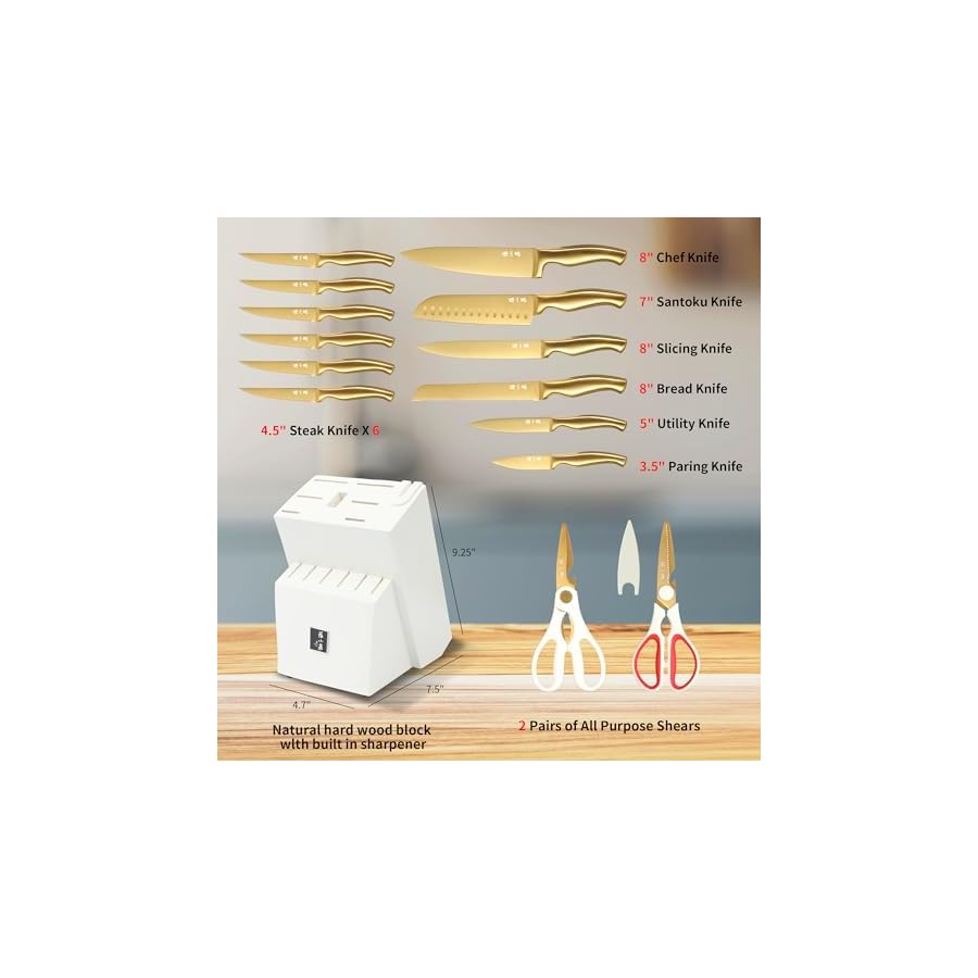 ZHANG XIAO QUAN SINCE 1628 15Pcs Knife Sets with Block, 50Cr15MoV Stainless Steel kitchen knife set with Built-in Sharpener Dishwasher Safe(Golden)