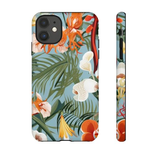 Coque rigide brillante iPhone 11 vert motif orchidées tropicales