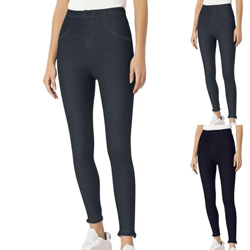 HGps8w Plus Size Jeggings for Women Fake Jeans High Waisted Skinny Denim Printed Casual Versatile Trousers with Pockets2