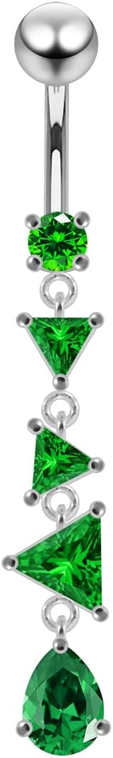 Stylish Triple Triangle with Round and Teardrop Gem Dangling Design 925 Sterling Silver with Stainless Steel Belly Ring - Belly Button jewelry - Navel jewelry