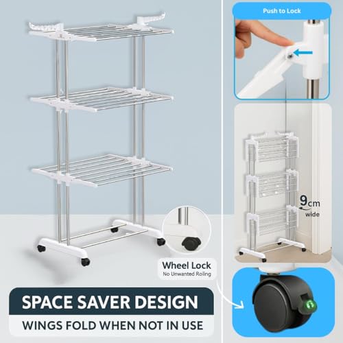 Image of H Houseware Foldable Clothes Drying Stand | 3-Tier Stainless Steel Heavy-Duty Clothes Dryer with Wheels & Hanger Slots | Rust-Proof for Indoor & Outdoor Balcony Use (121.9 x 68.6 x 167.6 cm)