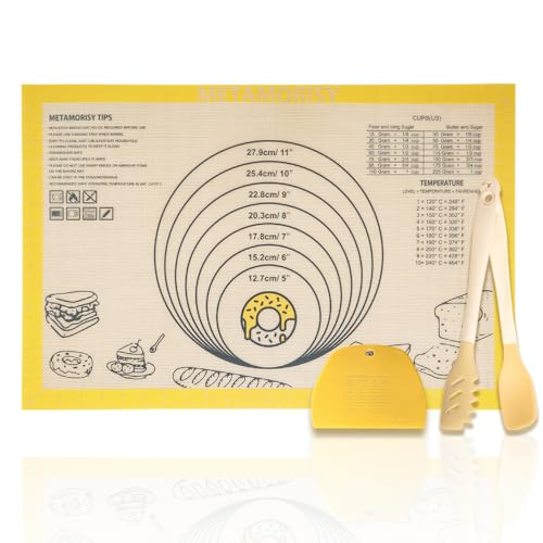 Backmatten-3er-Set,Übergroße backmatte silikon,Mehrzweck-abnehmbare Lebensmittelzange & Großes Schneidemesser,0.7 mm dicke teigmatte,brot backen zubehör,Backunterlagen(Gelb) (60X40cm)