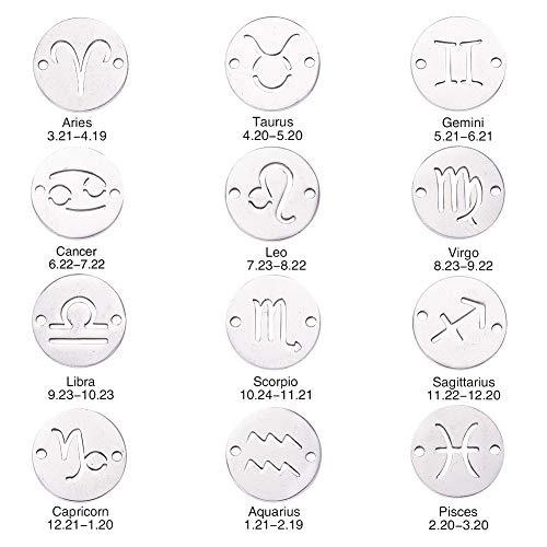 Airssory 12 Pcs Twelve Constellation Filligree Zodiac Signs Astrology Luck Charm 2-Holes Double Sides Links/Connectors Flat Round Shaped in Bulk for Jewellery Making - Image 3