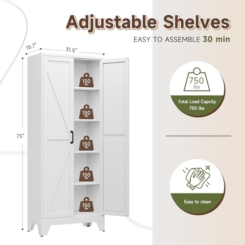 Image of Letaya 75 inch H Metal Storage Cabinet with 2 Doors and 4 Shelves,Tall Kitchen Pantry Cabinets,Farmhouse Utility Pantry Organizers for Cupboard /Dining /Bathroom /Home Office /Garage,White