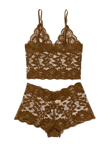 Image of Lilosy Sexy Sheer Floral Lace Pajamas Lingerie Set High Waist Sleepwear Bra and Panty 2 Piece Nightwear