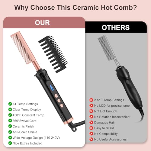 Electric Hot Comb for Wigs & Afro Hair, Ceramic Heated Straightening Brush with 14 Heat Settings, Anti-Scald, Auto Shut Off, Dual Voltage Travel Hair Straightener for Black Women Styling - Image 5