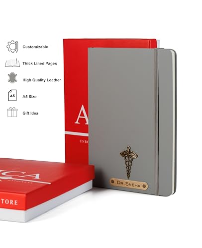 Image of AICA Personalized Name & Charm Doctor Leather Notebook Diary - A5 Size, 180 Ruled Pages (Grey) | Customized Gift for Doctors Retirement Farewell Appraisal Birthday For Men Women Girls Boys