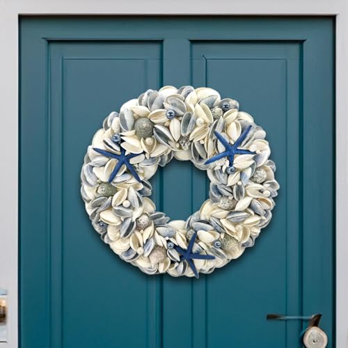 Galt International 18 Nautical Seashell Hanukkah Wreath Dark Blue Holiday Coastal Beach Floral Home Decor Indoor Outdoor Real Starfish Pearl Seashells