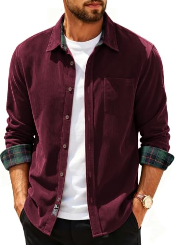 Image of PJ PAUL JONES Men's Cotton Shirt Casual Corduroy Long Sleeve Shirt Dark Red