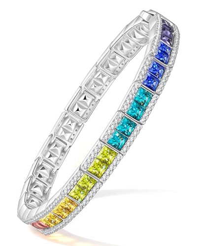 GONA GIFT Rainbow Tennis Bracelets Created with Swarovski Crystals Womens Tennis Rainbow Bracelet with Zircon Halo 3mm Princess Cut Rainbow Crystal & Plated Sterling Silver Bracelets Comes with Deluxe Gift Box 7-inch
