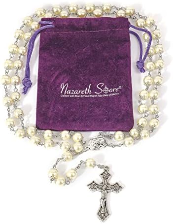 Nazareth Store Cream Pearl Rosary Beads Catholic Necklace Holy Soil Medal Cross Christian Holy Land Religious Gifts Rosaries for Women and Men, 20", Zinc, No Gemstone
