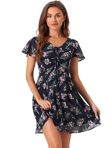 Robe évasée col en V imprimé floral robe manches courtes femme bleu foncé XS