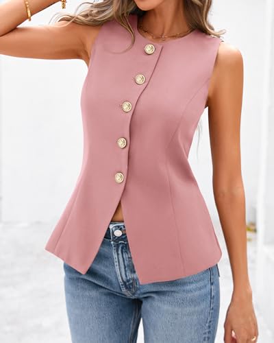 BTFBM Summer Sleeveless Blazer Vest For Women Dressy Button Down Round Neck Business Casual Outfits Work Suit Vests Tops(Pink, X-Large) — view 4