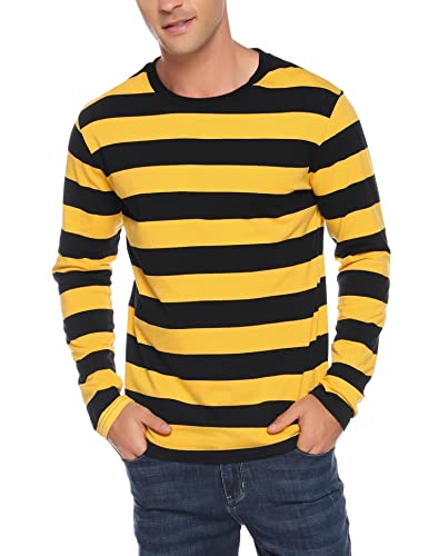 Iclosam Mens Yellow And Black Striped Shirt Long Sleeve Cotton T-Shirt Casual Crew Neck Shirt #TOP1