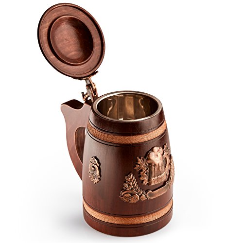 Handmade Beer Stein With Lid - Large And Heavy Duty Beer Tankard - Wooden Beer Mug Crafted From Solid Oak - Amazing Craftsmanship And Quality Materials - Stein Mug Is Lined With Stainless Steel #TOP6