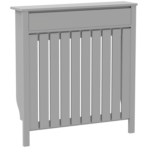 Image of HOMCOM Radiator Cover with Drawer, Vertical Slatted Grill, Industrial MDF Wood Cabinet Shelf Heating Cover for Living Room, Bedroom, Hallway, Small, 88.5 x 19 x 93cm, Grey