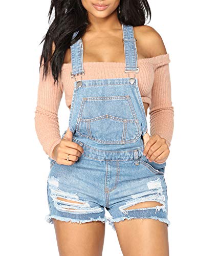 LookbookStore Women's Ripped Denim Bib Overall Shorts Raw Hem Shortall Jeans Light Blue, Size S