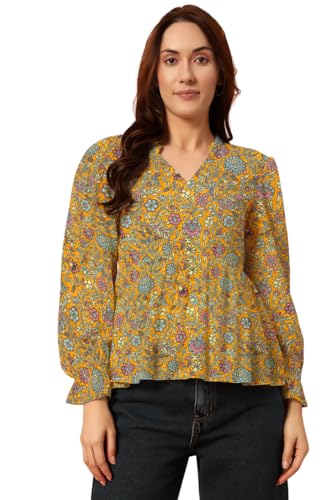 Image of THE DRY STATE Women's Rayon Casual Puff Sleeves Printed Multicolor Crop Top (S, Autumn Glory)