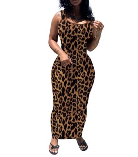 PINSV Women's Sexy Bodycon Tank Dress Basic Sleeveless Long Maxi Dresses Party Club Beach Sundresses Leopard Print Pattern A L