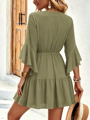 Image of Womens Spring Summer Mini Dress Western Ruffled Sleeve Chiffon V Neck Flowy A Line Short Wedding Guest Party Dresses