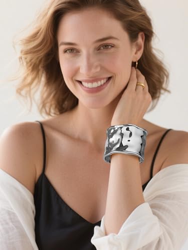 Chunky Cuff Bangle Bracelets for Women - 18K Gold & Silver Plated Hammered Wide Open Thick Wrist Cuff Bracelet, Irregular Trendy Modern Statement Jewelry2