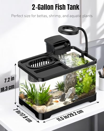 Pawfly 2 Gallon Fish Tank, Small Aquarium Kit, Betta Fish Tank Starter Kit with 6 W LED Light, 65 GPH Filter, Siphon Vacuum Water Changer & Basket, Aquarium for Betta, Shrim, or Small Fishes - Image 2
