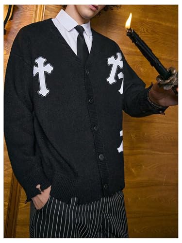 SOLY HUX Men's Y2k Gothic Button Down Cardigan Sweater Long Sleeve V Neck Hip Hop Fall Preppy Outerwear2