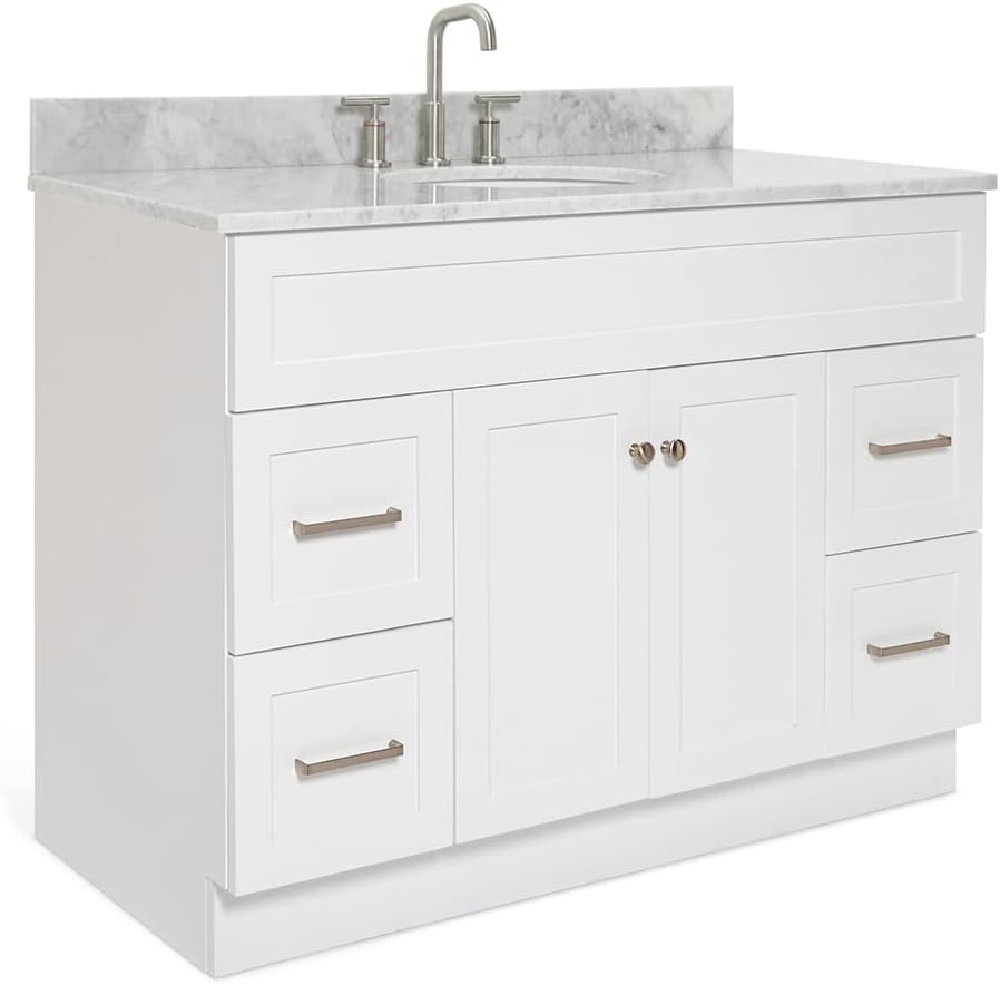 ARIEL Hamlet 48-inch Bathroom Vanity with Sink,Solid Wood, 0.75-inch Italian Carrara Marble Countertop & Backsplash, Single Rectangular Sink, 2 Soft Closing Doors, 4 Dovetail Drawers, White