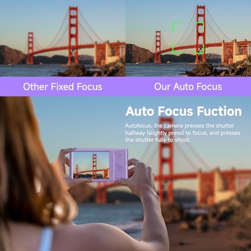 Digital Camera, 44MP FHD 4K Autofocus Kids Camera with 16x Zoom, Compact Point and Shoot Camera for Kids with 64GB SD Card, 2 Batteries, Simple Small Digital Camera for Teens (Purple)