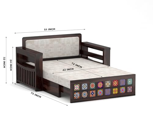 Image of Solid Wood Sofa Cum Bed with Decorative Tile Design | Modern Pull-Out Wooden Diwan Bed with Cushioned Seating | Convertible 2 Seater Sofa Bed for Living Room (Walnut Finish)